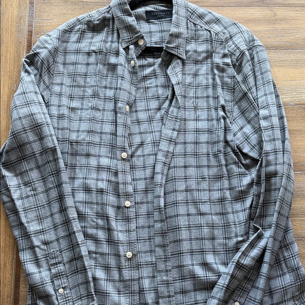 AllSaints Gray Plaid Long-Sleeve Button-Down Shirt